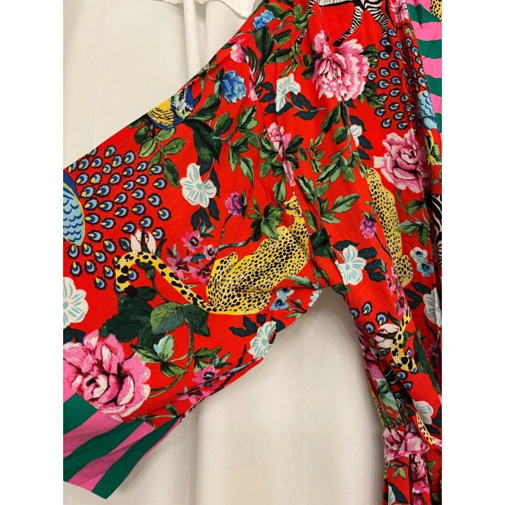 Room Service size Large Floral Animal Print Robe Womens Red Multi